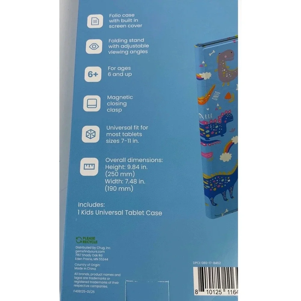 Chug Inc Kid Universal Tablet Case Blue Dinosaur Folio 7-11 in Fits Most Tablets